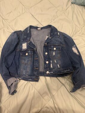 VENUS Distressed Dark Blue Cropped Jean Jacket